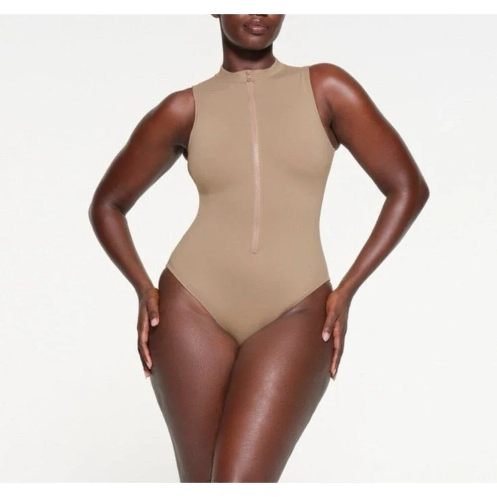 Skims Signature Swim Zip Front Sleeveless One Piece Desert XXS